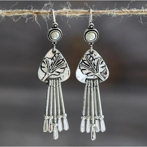 I & FDLK Vintage Long Tassel Metal Drop Earrings Bohemian Ethnic Plant Leaf Pearl Dangle Earrings For Women Jewelry