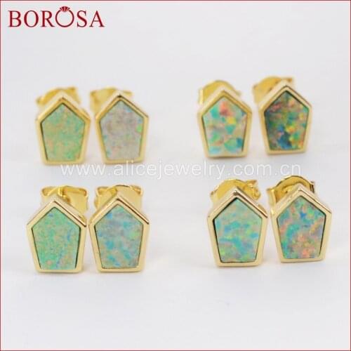 BOROSA Trendy Jewelry Japanese Opal Druzy Stud Earrings for Women, Gold Color Bezel Shield Shape White Opal Earrings ZG0211