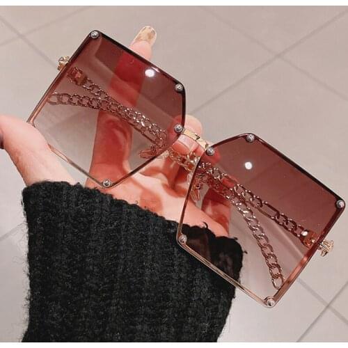 2021 Newest Chic Chain Leg Square Sunglasses For Women Vintage Oversized Gradient Sun Glasses Female Elegant Rivet Brown Shades