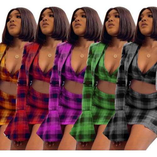 Vntage Women Plaid Color Block Tracksuit Deep V Neck Crop Top+Flare Sleeve Short Jacket+Button Mini Skirt 3 Piece Casual Outfits