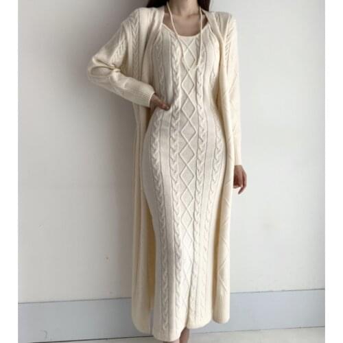 Elegant Fall Winter Thick Knitted 2 Piece Set Women Twist Long Cardigan Sweater Coat +Sleeveless Long Dress Suit Ensemble Femme