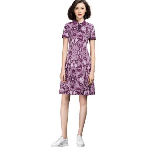 2021 Summer New Casual Female Short Sleeve Floral Purple Polo Collar Dress Woman