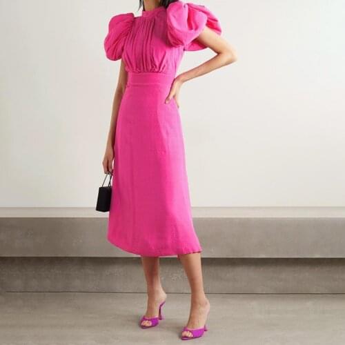 Summer Dress Fashion Retro Rose Red Puff Sleeve Sexy Halter High Waist Slim Women Dress 2021 New