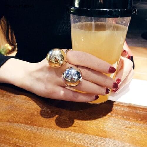 HUANZHI 2019 New Gold Silver Color Big Metal Balls Geometric Hyperbole Adjustable Opening Fashion Jewelry Female Rings