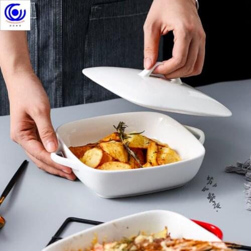 Ceramic Ovenware Dual Handle Oven with Lid Cheese Baking Dish Rectangular Ovenware Square Microwave Oven Plate