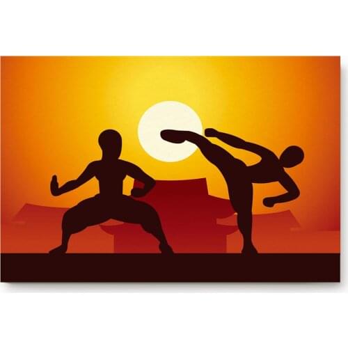 Kung Fu Action Fighter Kick Fist Sun Sunset Dusk Martial Arts Doormat Bathroom Accessories Set Floor Carpets Home Decor