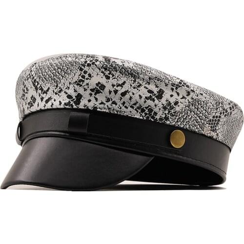 New PU Leather Girl Military caps Spring Autumn Sailor Hats for Women Leopard Flat Top Captain Cap Travel Cadet Hat 56-58CM
