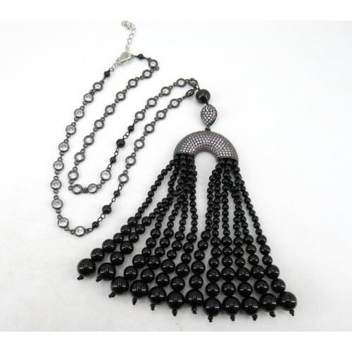 APDGG 21" 4-10MM Onyx Golden plated CZ micro Pendant crystal pave chain Necklace