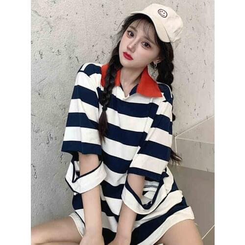 Youth Vitality Striped Shirt Polo Shirt Korean Kawaii Stitching Striped Holes Ulzzang Tee Clothes summer Vintage Tshirt y2k top