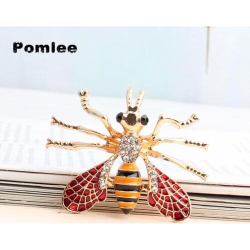 Pomlee 2021New Red Wings Bee Brooches for Women Clear Rhinestone Cute Insect Honeybee Fashion Brooch Whosales