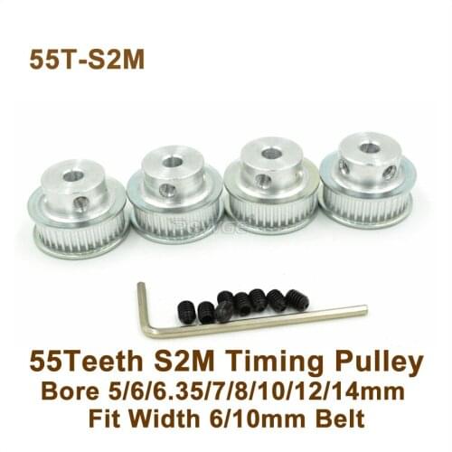 POWGE 55 Teeth S2M Timing Pulley Bore 5-14mm Fit W=6/10mm STD2M Synchronous Belt 55T 55Teeth STD2M Timing Belt Pulley 55-S2M