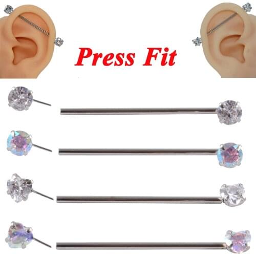 1PC CZ Gem Press Fit Ear Industrial Barbell Heart&Round Zircon Ear Industrial Threadless Ear Cartilage Earring Piercing Jewelry