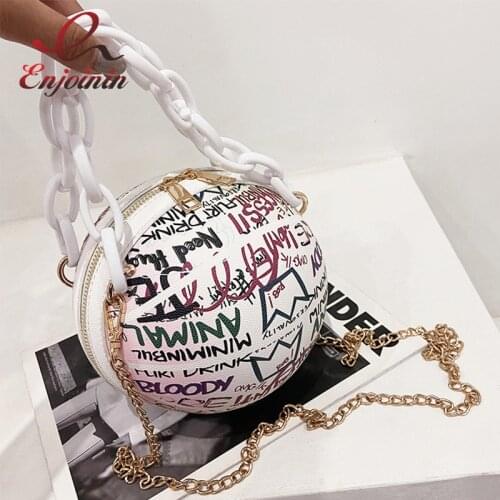 Graffiti Basketball Shape Handbag Chain Shoulder Bag for Women Fashion Crossbody Bag Colorful Letters Casual Purses Pu Leather