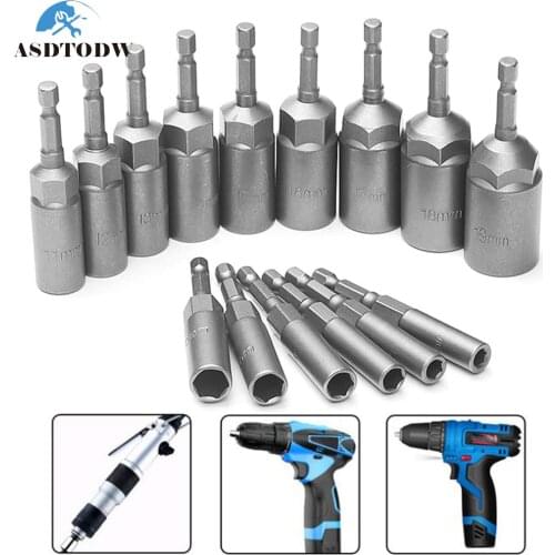 80mm Length Deepen Power Nut Driver Drill Bit Set 5.5-19MM Impact Socket Adapter for Power Tools 6.35MM Hex Shank