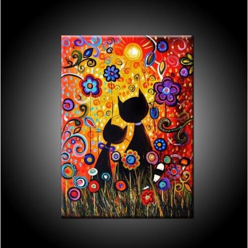 Bright Colors Beautiful Wall Decoration 100% Handmade High Quality Abstract Flowers And Cats Oil Painting On Canvas For Decor