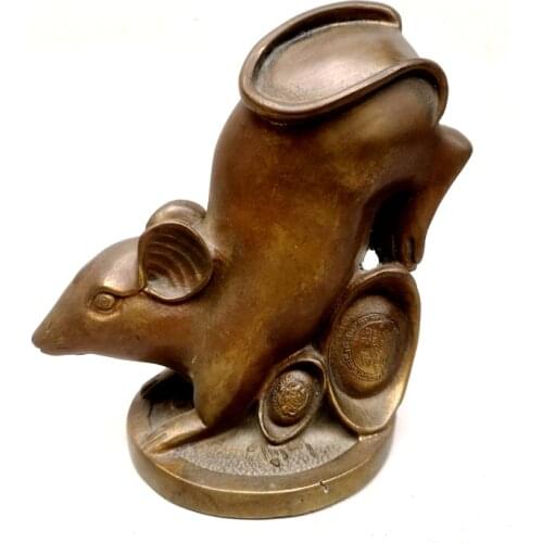 YIZHU CULTUER ART Old Chinese Fengshui Gilt Bronze Wealth Money Transport Coin Mouse Statue Family Decoration H 5.7 inch