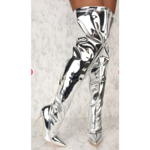 Mirror Pu Over The Knee Women Boots Super High Heels Pointed Toe Boot Female Shoes New Winter Warm Footwear Plus Size