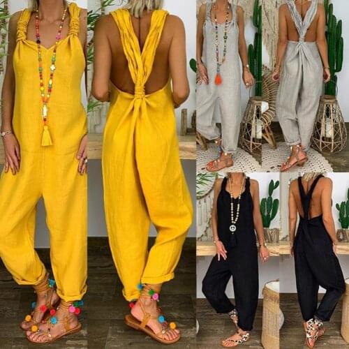 Summer Jumpsuits Women Solid Color Bib Overall Sleeveless Backless Knotted Jumpsuit Dungarees Sleeveless Romper Overalls 2021