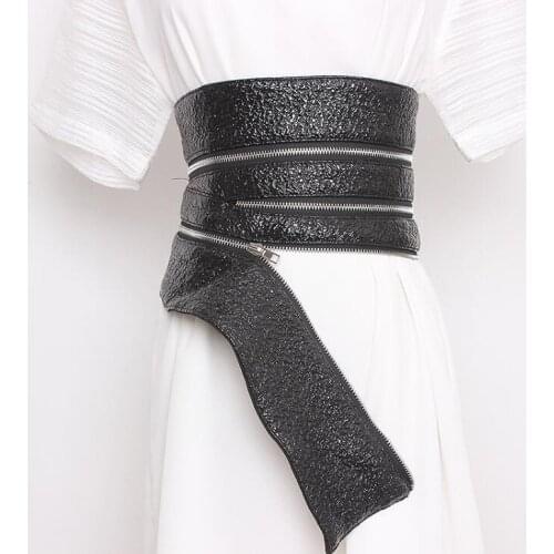 Womens runway fashion pu leather elastic zipper Cummerbunds female Dress Corsets Waistband Belts decoration wide belt R3193