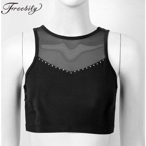 Women Fashion Dance Ballet Crop Top Round Neck Sleeveless Mesh Splice Shiny Rhinestone Tanks Tops Dancewear Gymnastics Tops
