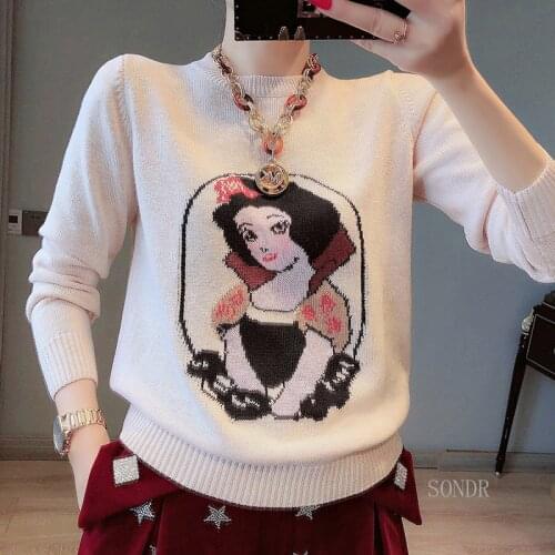 2021 Autumn Winter Women Sweater with Cartoon Princess Pattern Jacquard Knit Sweater Long Sleeve Round Neck Fashion Pullovers