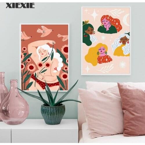 Abstract Girl Canvas Painting Vintage Butterfly Pigeon Flower Leaf Posters Wall Art Nordic Pictures for Living Room Home Decor