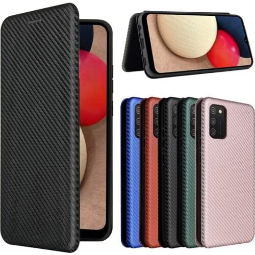For Samsung Galaxy A02s Fashion Carbon Fiber PC Hard Card Holder Slim Leather Case For Samsung A02s SM-A025F Wallet Flip Cover