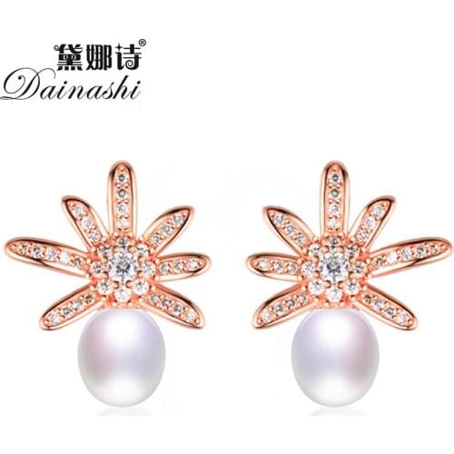 Dainashi 925 Sterling Silver Zircon Rose Gold Color Daisy Earrings 100% Genuine Natural Freshwater Pearl Earrings for Women