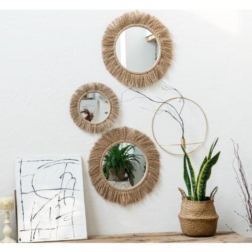 Handmade Nordic Decorative Wall Mirror Tapestry Hemp Rope Circular Homestay for Living Room Boho Decor Mirror Espejos De Pared