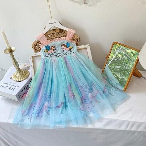 Kids Dresses for Girls Vestidos Cute Cartoon Unicorn Horse Princess Dress Little Girls Birthday Mesh Off The Shoulder Costume