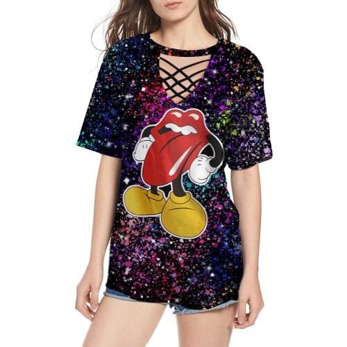 Papertiger Elegant Chest Cutout T-shirt Fashion Red Tongue Cartoon Villain Print 3d Womens Summer T-shirt