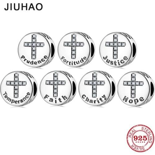 Good morality Seven Virtues Bible 925 Sterling Silver cross Beads Round beads Fit Original JIUHAO Bracelet Charm Jewelry Making