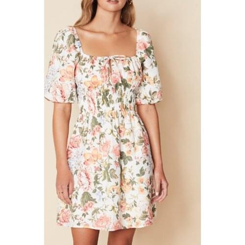 Jastie Women Summer Dresses 2021 Safflower Green Leaves Print Square Neck Puff Sleeve Mini Dress Bohemian Bow Chest Beach Dress