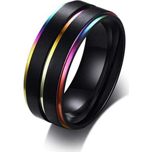 Black Stainless Steel Basic Ring for Men With Rainbow Line Classic Male Wedding Band Multi Color Jewelry Fraternal Rings