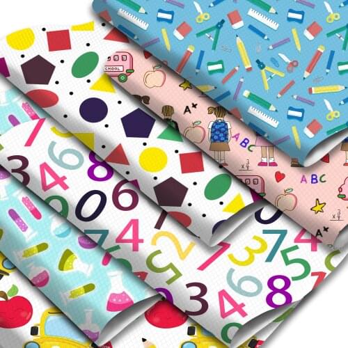 Back to School Pattern Faux Leather Sheets Pencil Bus Numbers Printed Synthetic Leather Fabric for Handmade Bags Bows Crafts