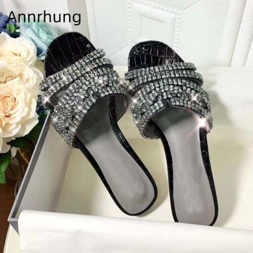 Luxury Diamond Flat Slip On Mules Summer Beach Shoes Stone Grain Genuine Leather Jeweled Rhinestone Slippers Women