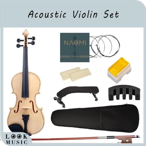 NAOMI 4/4 Acoustic Violin Set Basswood Plate Violin Kit with Case Shoulder Rest Bow Extra Bridge Strings Clean Cloth Mute
