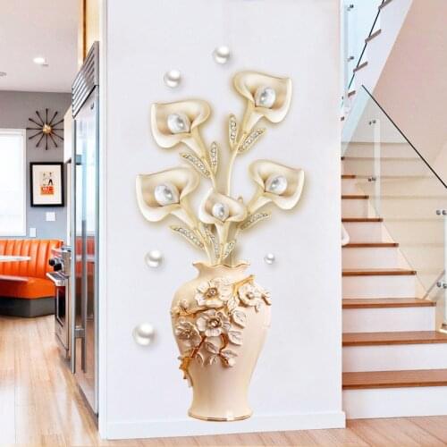 Chinese Style 3D Flower Wall Stickers Pearl Vase Living Room Bedroom Wall Decoration Aesthetic Self Adhesive Wallpaper