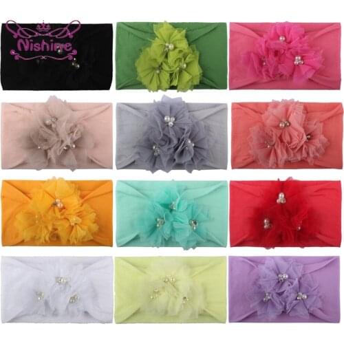 Nishine Hand Sewing Beads Flower Infant Elastic Hairband Baby Girl Solid Color Wide Nylon Headband Princess Headwear Photo Props