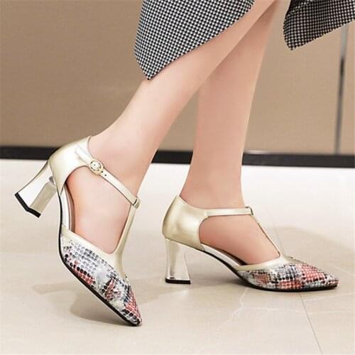 New High heels women Thick heel Spring summer shoes woman pointed toe Mixed solid color ladies party shoes Plus size 32-43
