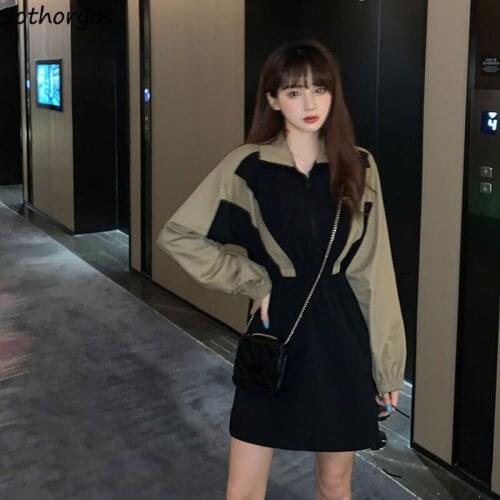 Long Sleeve Dress Women Panelled Patchwork Turn-down Collar Ins New Female High Waist Mini Dress Elegant Cargo-style Leisure New