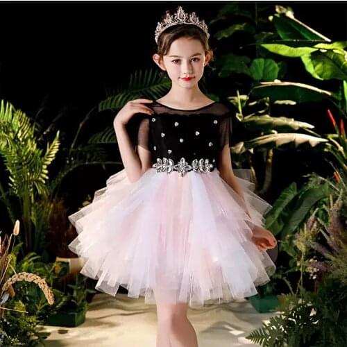 Flower Girl Dresses Elegant Illusion Crystal Short O-Neck Princess Knee-Length Tulle Lace Luxury Black Cute Kids Party Gown H453