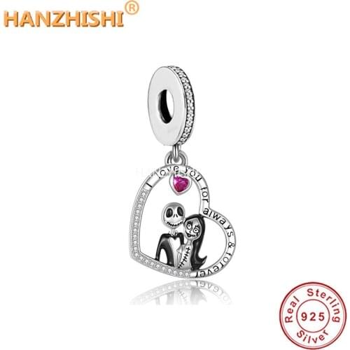 Authentic 925 Sterling Silver Skull Couple Heart Dangle Beads Charms Fit Original Pandora Charm Bracelet Jewelry Women Berloque