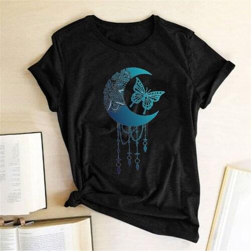 Casual Short Sleeve Harajuku Tops Roupas Femininas Vintage Moon Feathers Print Womens T Shirt Summer Loose O Neck Tee Shirt
