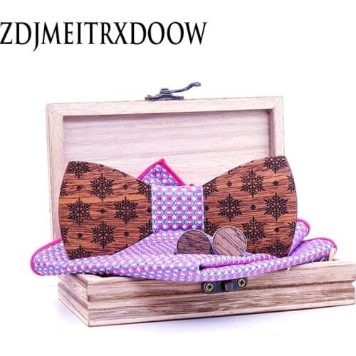 Christmas snowflake Wooden Bow tie Handkerchief Cufflinks Sets for Mens Wood Bowtie Purple Bow Tie Bowknots Cravat wood box