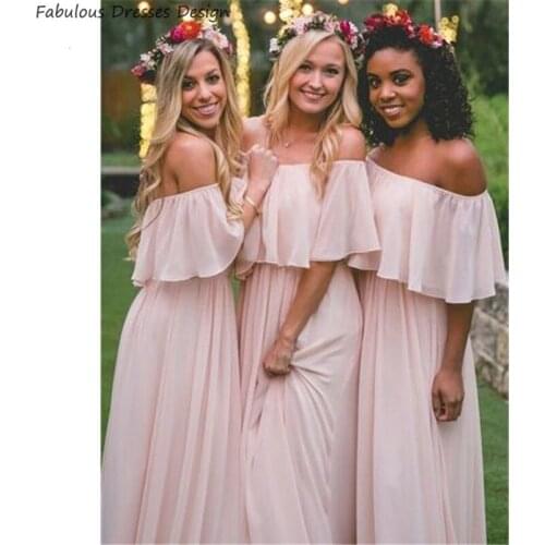 Pink Strapless A Line Bridesmaid Dresses Elegant Chiffon Boat Neck Long Vestido De Festa 2020 Wedding Guest Gowns