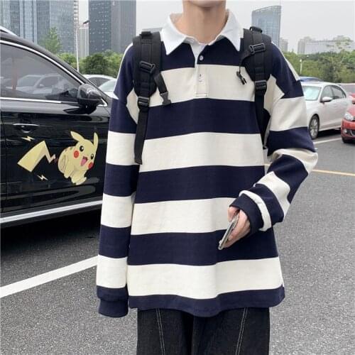 Long sleeve mens spring and autumn fashion blue and white striped polo shirt Japanese casual loose top