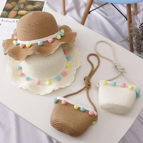 Kids Girls Straw Handwoven Hat Sun Protection Beach Hat Colorful Pompom Ball Summer Bucket Cap Portable Handbag