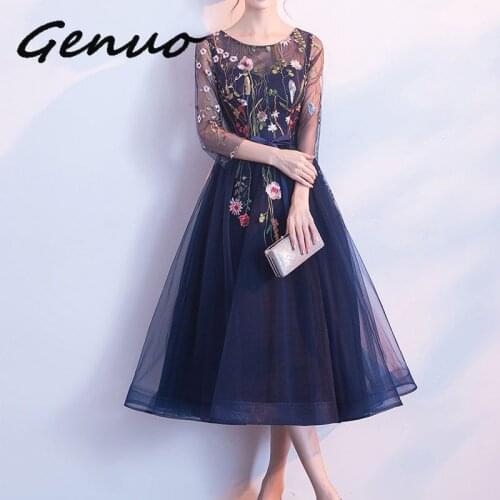 Genuo 2019 New Women Dinner Evening Party Dress O-Neck Embroidery Flower Mesh Ribbon Bow Sweet Ball Gown For Bridesmaid Wedding