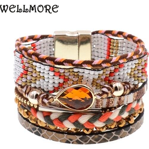 WELLMORE women bracelet Leather bracelets bohemia brown beaded charm bracelets for women fashion jewelry drop shipping